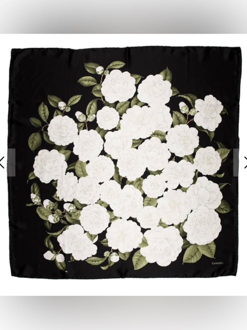 Vintage CHANEL Black Silk Scarf with White Flowers and Green Leaves